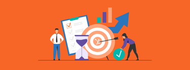 HubSpot logo at the center of a dartboard with an arrow hitting the bullseye, symbolizing a successful HubSpot implementation.