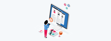 Illustration of a person reviewing their HubSpot CRM contacts on a laptop, showing categorized contacts and pricing tiers for effective management.