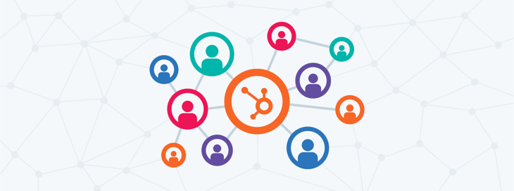 Graphic depicting a network connecting HubSpot to its users, symbolizing seamless data flow and communication between the platform and its audience.