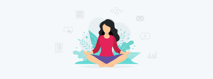 Illustration of a woman meditating, surrounded by icons for communication and analytics, symbolizing balance in inbound marketing.