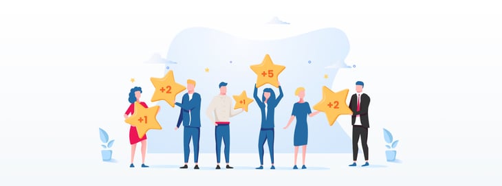 Illustration of businesspeople holding star icons with different point values, representing the process of lead scoring in HubSpot.
