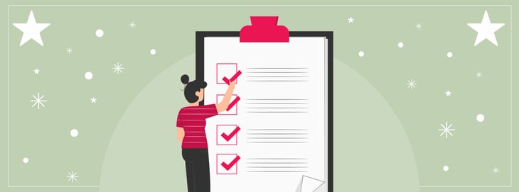 Illustration of a woman reviewing a holiday marketing checklist, highlighting key strategies for agency marketers.