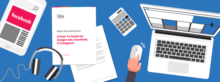 A marketer working on a computer, with a How-to Guide for Google Ads, Facebook, & Instagram displayed next to them.