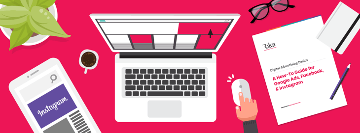 A marketer working on a computer, with a How-to Guide for Google Ads, Facebook, & Instagram displayed next to them.