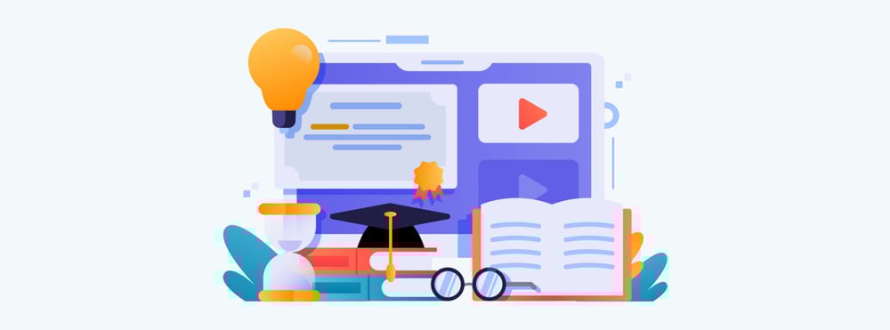 Graphic depicting a computer with a play button, surrounded by various academic materials.