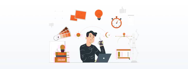 Illustration of a designer working at a desk with various design elements, representing inspiration for creating or refreshing a brand style guide.