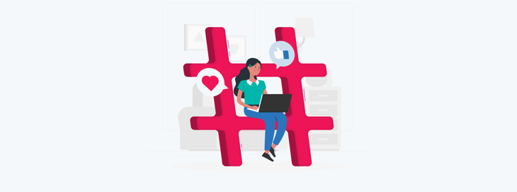 Girl working on a laptop within a hashtag symbol, illustrating the theme of managing social media time for business.