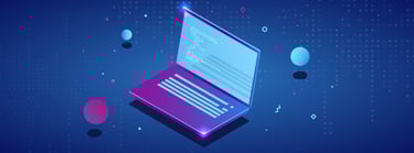 Illustration of a laptop with code on the screen, symbolizing the integration of AI technology in content marketing.