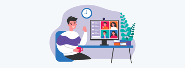 An illustration of a marketer participating in a video conference with coworkers.