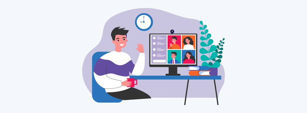 An illustration of a marketer participating in a video conference with coworkers.