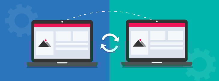 Illustration of two laptops exchanging data, symbolizing the process of website migration.