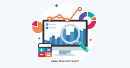 A computer screen displaying a bar chart, surrounded by various graphs and marketing symbols, illustrating measuring social media marketing and ROI.