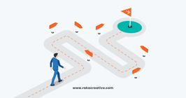 An illustration of a man navigating a winding road, symbolizing the process of nurturing leads through HubSpot lifecycle stages.