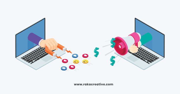 Illustration of two computers with various marketing symbols, representing the difference between inbound marketing and outbound marketing.