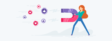 A marketer holding a large magnet, attracting colorful social engagement icons