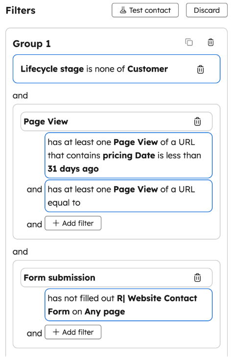 HubSpot Segments (Lists) criteria to capture contacts who fit the "Engaged non-customers" segment