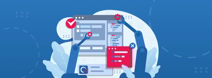 Robotic arms interacting with a website interface, adding and removing elements, symbolizing automation.