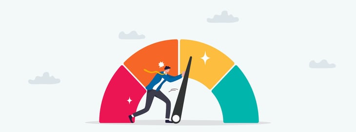 Illustration of a marketer pushing a needle on a scale, representing scaling marketing efforts without burnout.