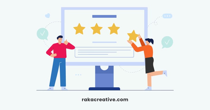 Illustration of two people enhancing a five-star rating on a large computer screen, symbolizing online reputation management.