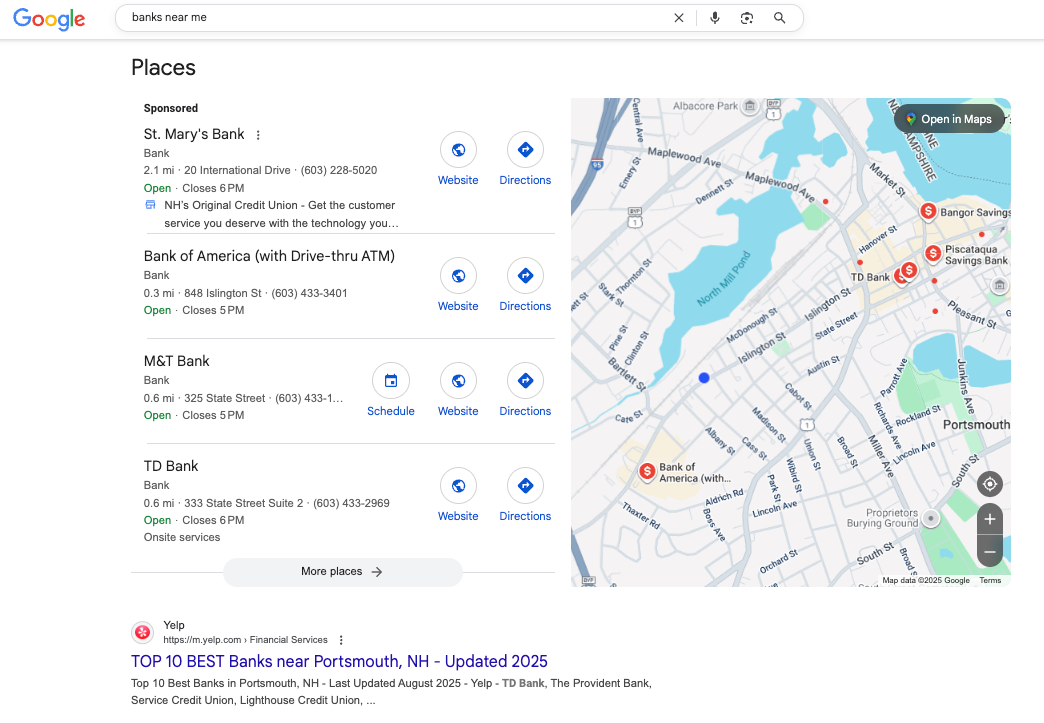 A screenshot of the google search for banks near me, showing sponsored bank locations around portsmouth new hampshire. Saint Mary's Bank, Bank of America, M&T Bank, and TD Bank are the top results, with the top ten yelp reviews directly underneath the map.