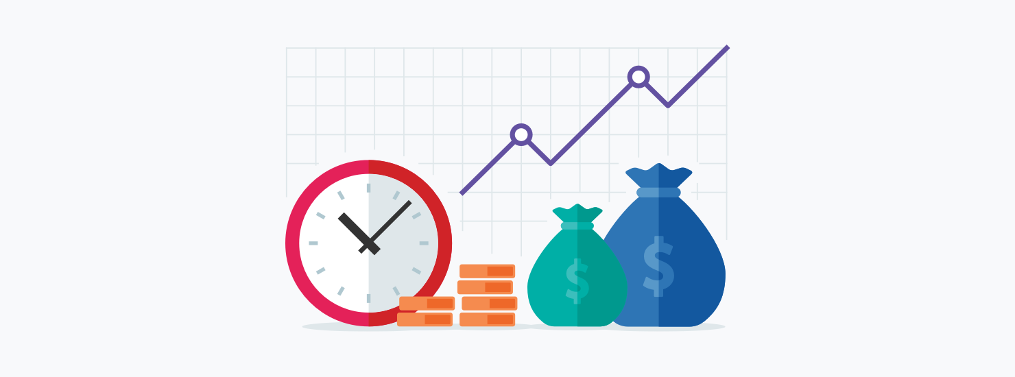 Icons representing time and money next to a line chart.