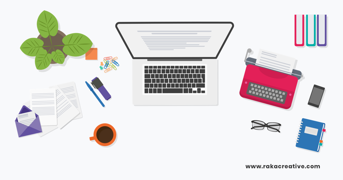An illustration of a journalist's desk, featuring a laptop, typewriter, and writing utensils