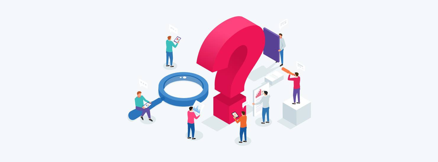 An illustration of a group of marketers next to a question mark icon, symbolizing advertising strategies during uncertain times.