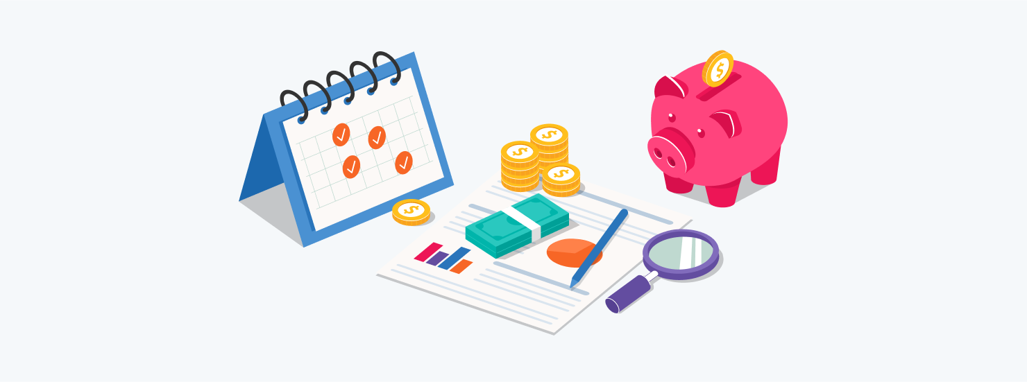 Graphic featuring digital advertising symbols and currency symbols representing Google Ads budgets.