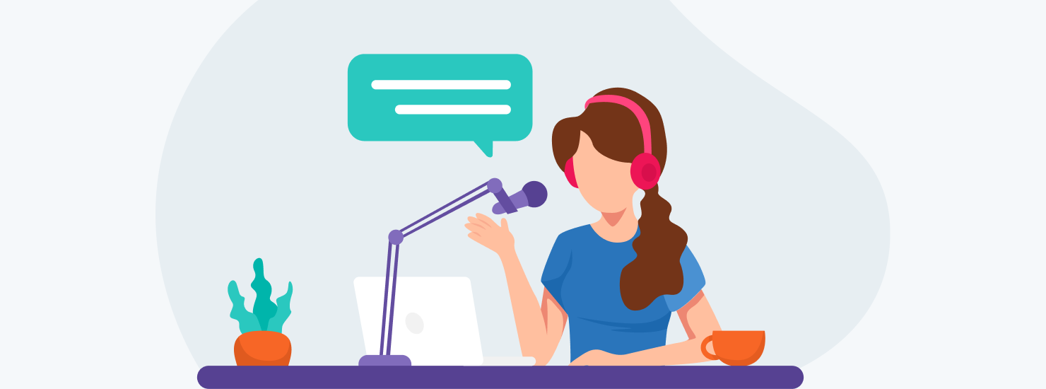 Illustration of a marketer recording a business podcast.