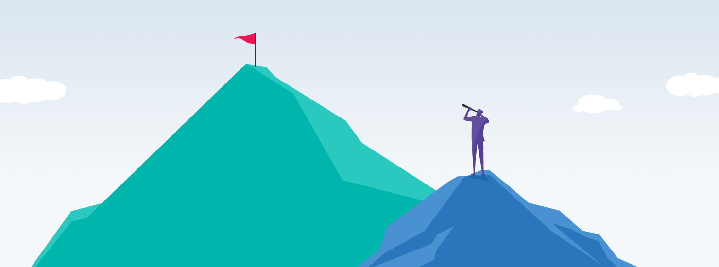 An illustration of a man climbing a mountain, symbolizing ranking higher within search engines.