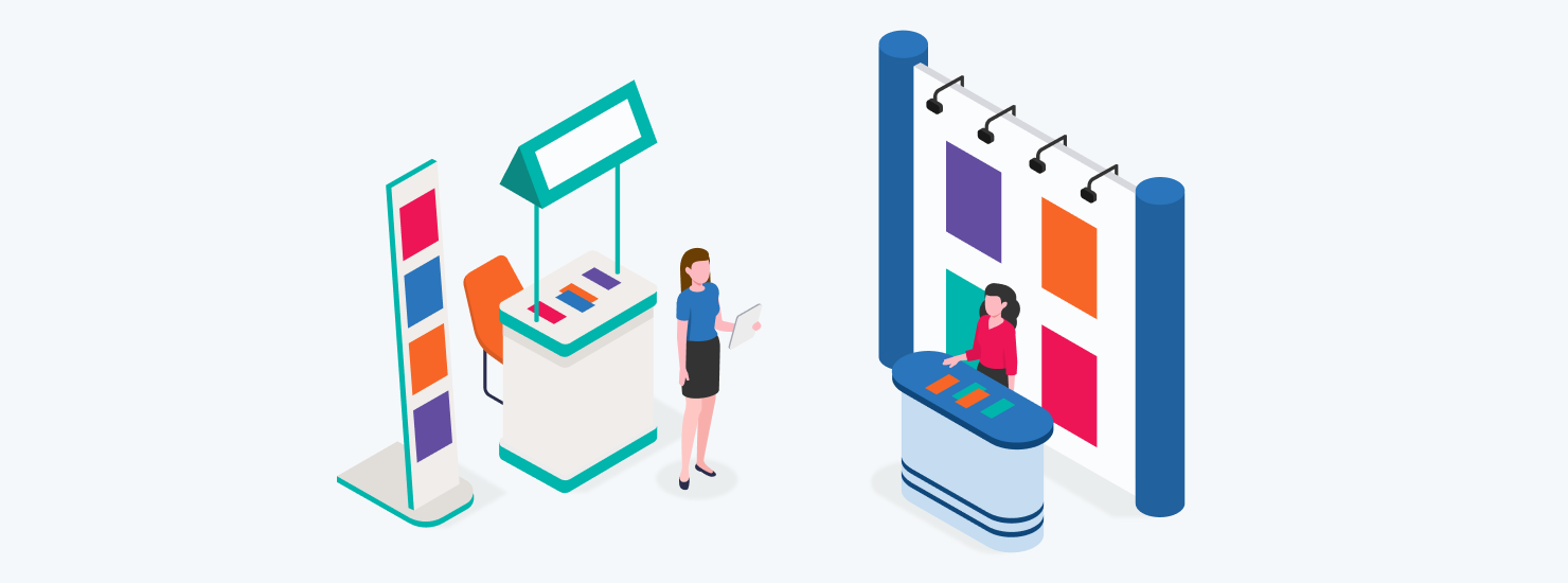  Illustration of an event marketing setup with two booths and representatives engaging with visitors, showcasing strategies to attract leads and drive sales.