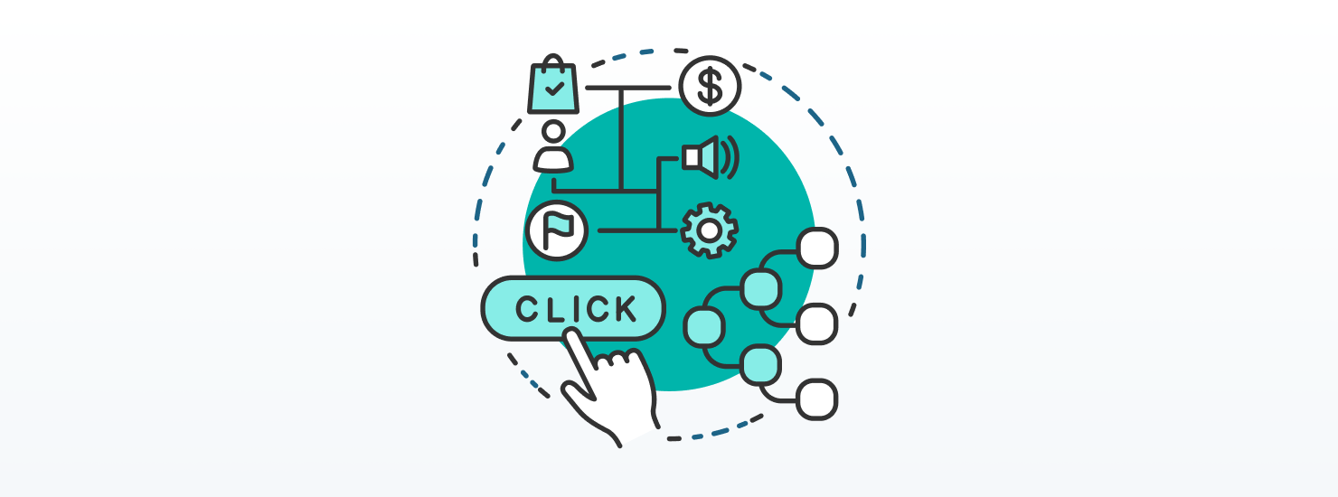 An illustration featuring a hand clicking a button labeled 