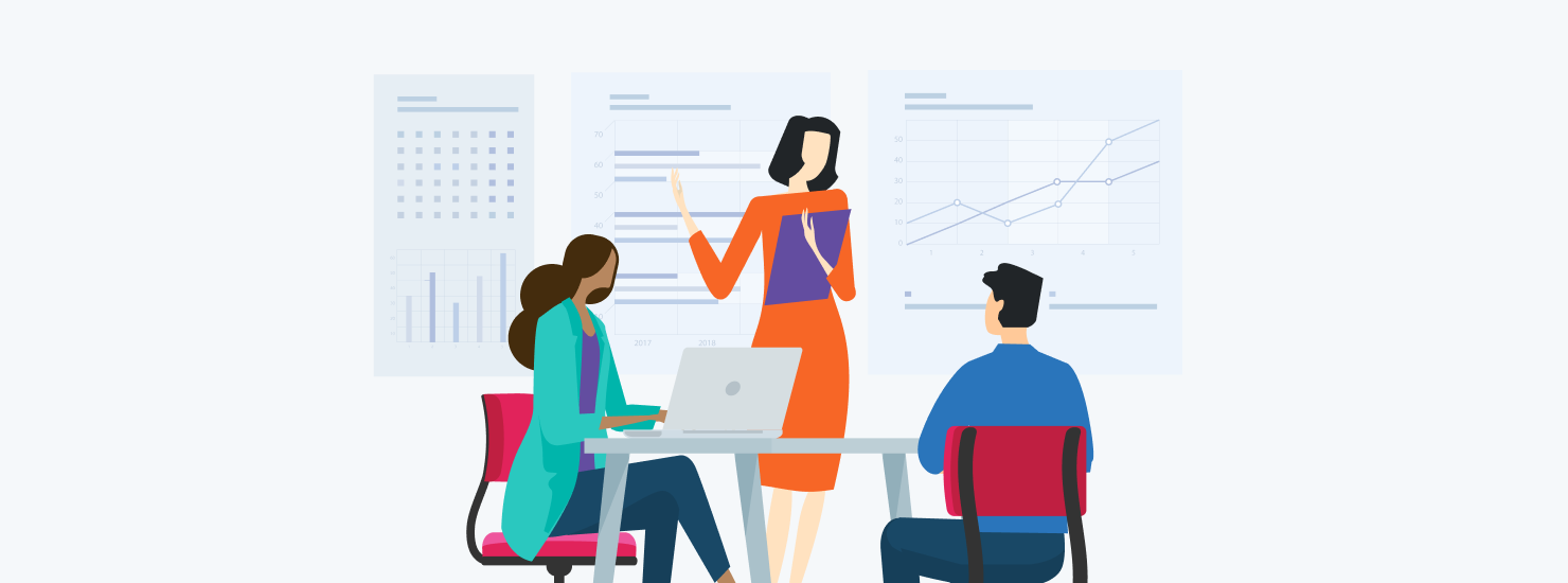 An illustration of colleagues discussing digital advertising results.