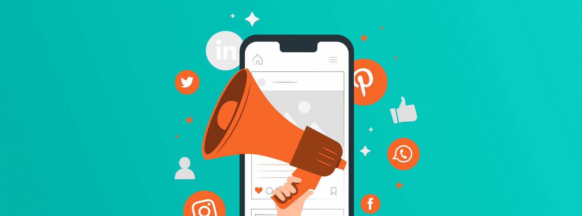 Graphic of an iPone displaying a social media app and a megaphone, representing how to reach people with a social media strategy