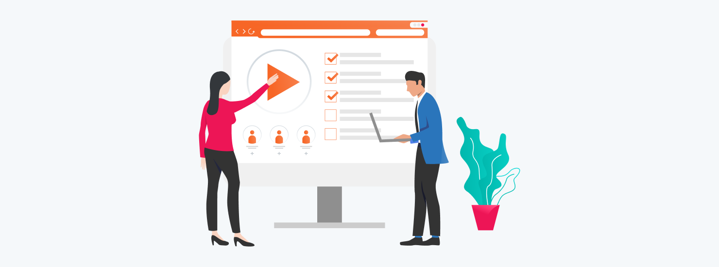 Graphic depicting two colleagues planning a successful webinar.