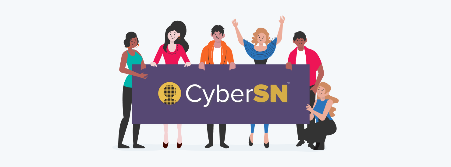 Illustration of a group of marketers holding a sign displaying the CyberSN logo.