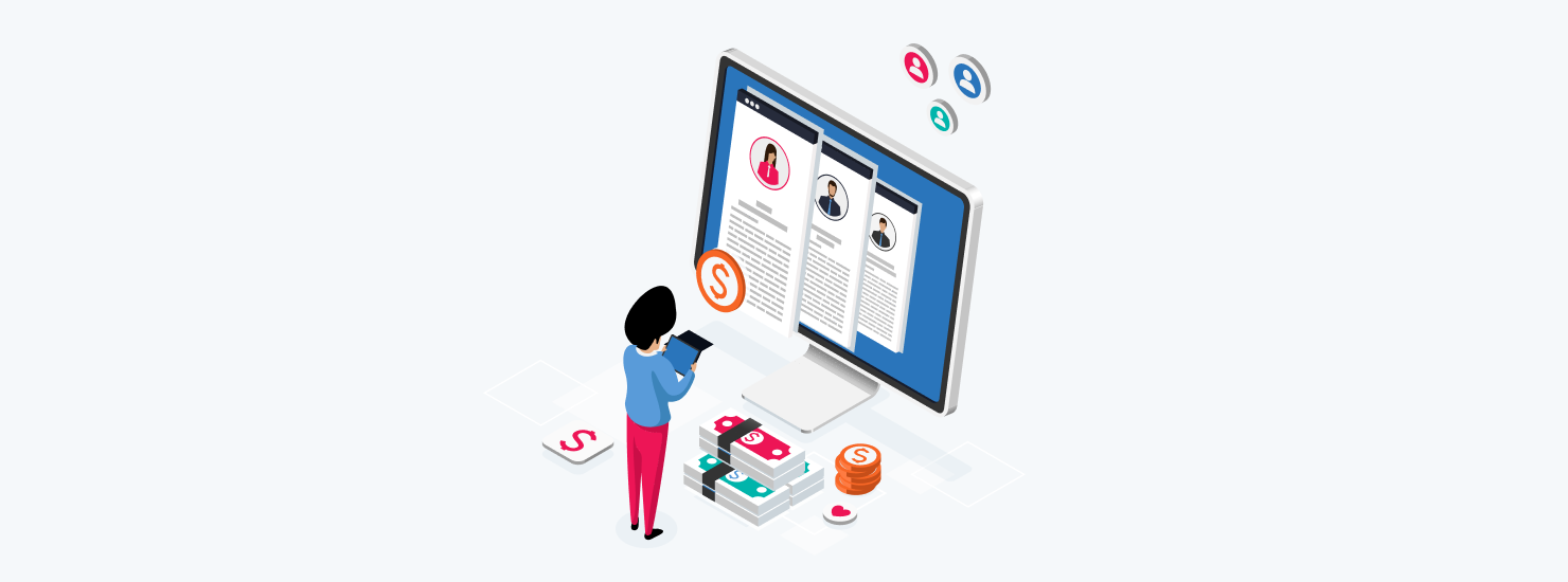 Illustration of a person reviewing their HubSpot CRM contacts on a laptop, showing categorized contacts and pricing tiers for effective management.
