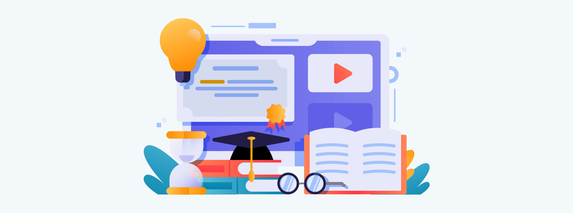 Graphic depicting a computer with a play button, surrounded by various academic materials.