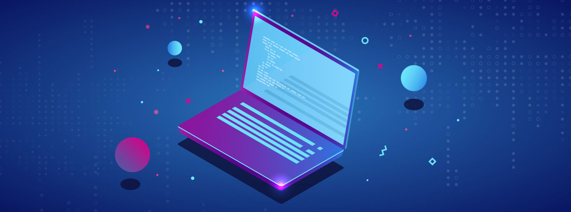 Illustration of a laptop with code on the screen, symbolizing the integration of AI technology in content marketing.