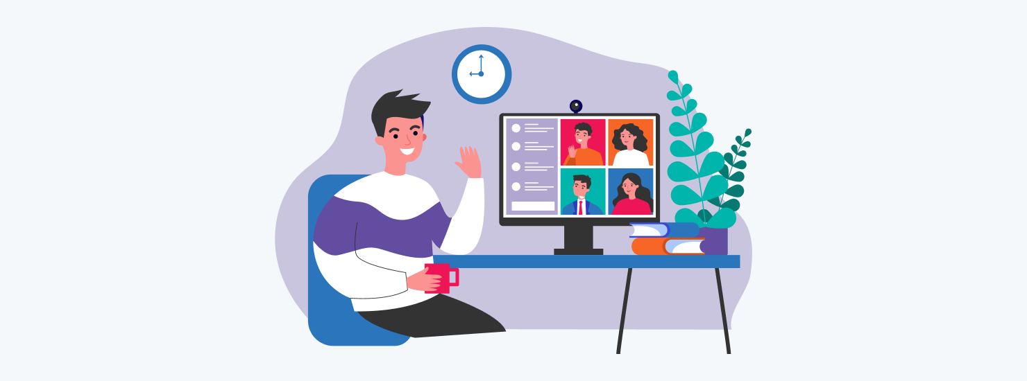 An illustration of a marketer participating in a video conference with coworkers.