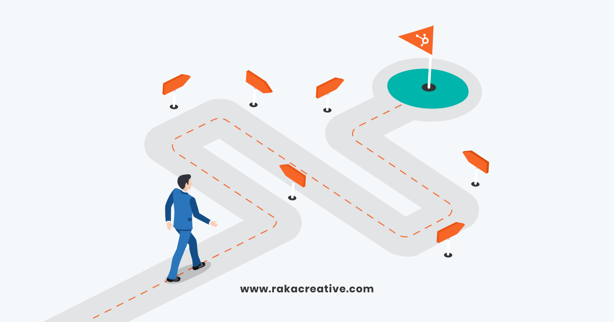 An illustration of a man navigating a winding road, symbolizing the process of nurturing leads through HubSpot lifecycle stages.