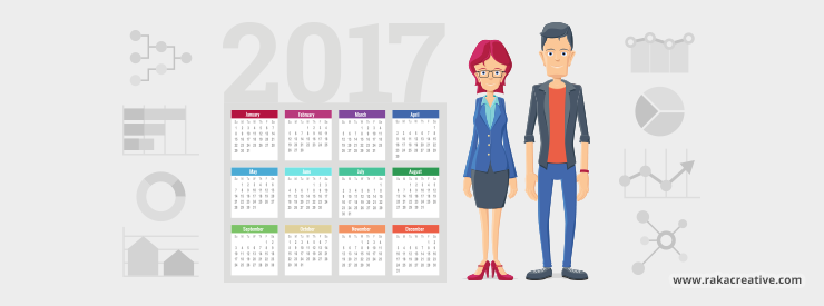 Two marketers are standing next to large, detailed calendars displaying the year 2017.