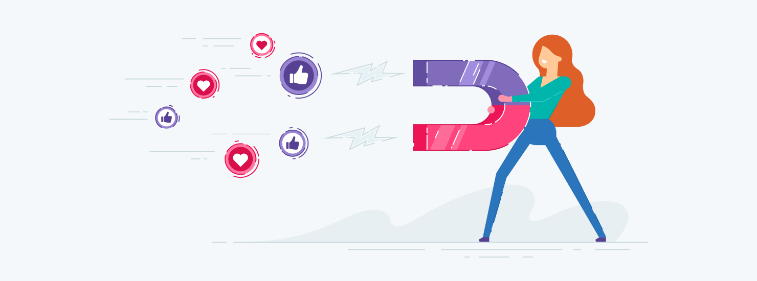 A marketer holding a large magnet, attracting colorful social engagement icons