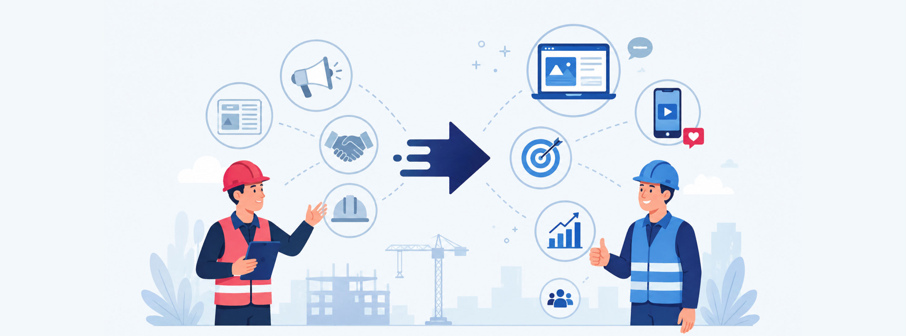 Icons and graphic illustrations representing construction marketing